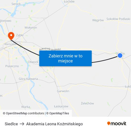 Siedlce to Akademia Leona Koźmińskiego map