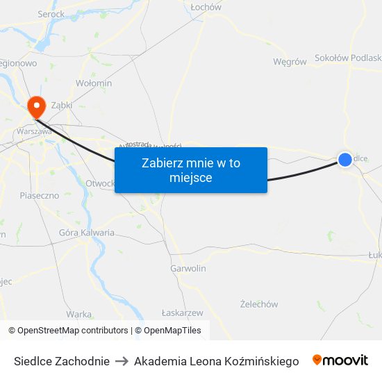 Siedlce Zachodnie to Akademia Leona Koźmińskiego map