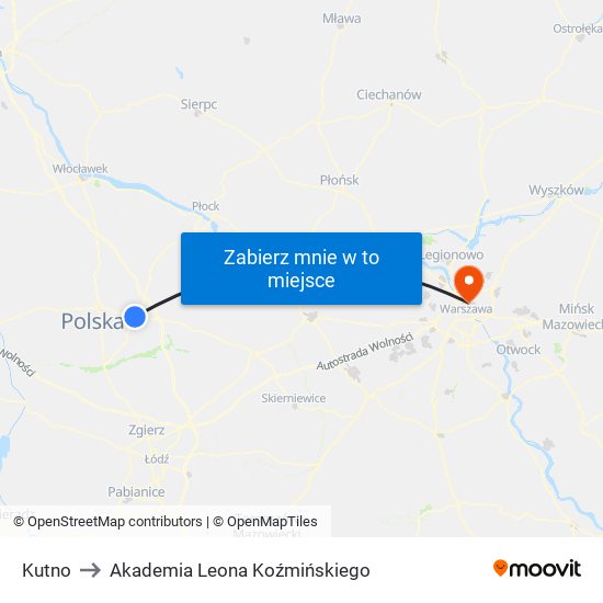 Kutno to Akademia Leona Koźmińskiego map