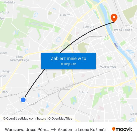 Warszawa Ursus Północny to Akademia Leona Koźmińskiego map