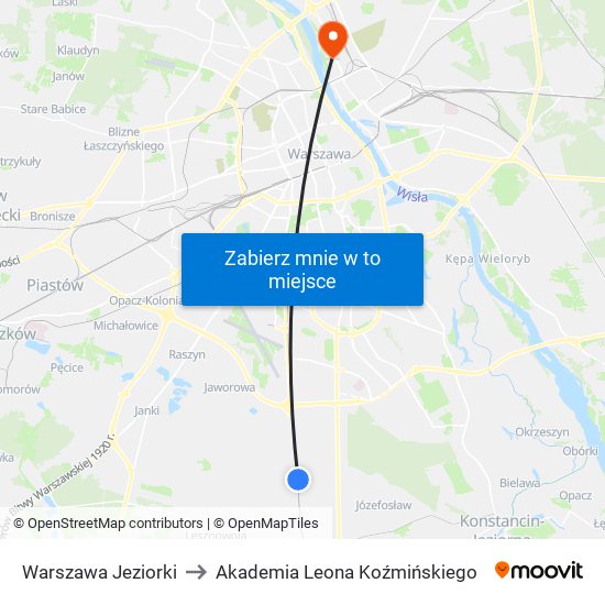 Warszawa Jeziorki to Akademia Leona Koźmińskiego map