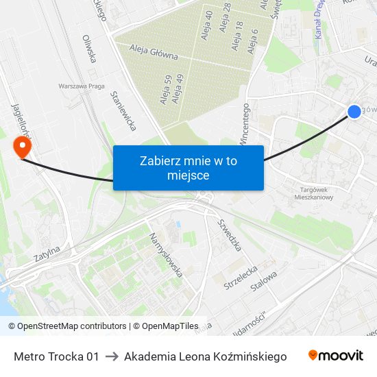 Metro Trocka 01 to Akademia Leona Koźmińskiego map