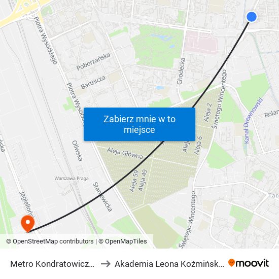 Metro Kondratowicza 06 to Akademia Leona Koźmińskiego map