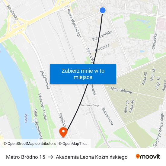 Metro Bródno to Akademia Leona Koźmińskiego map