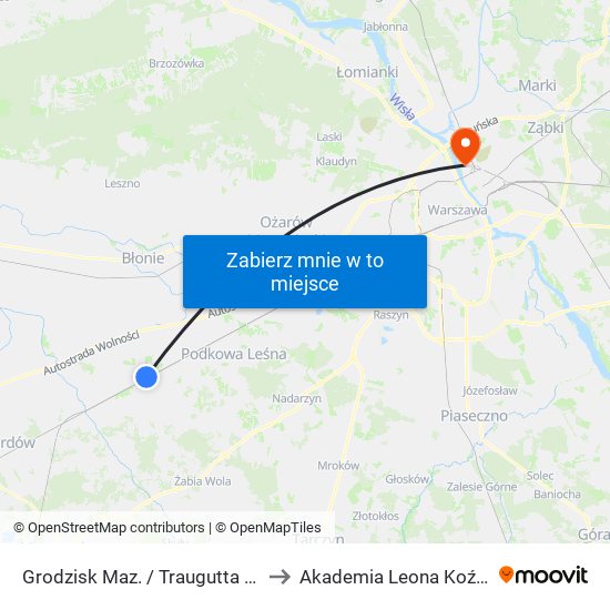 Grodzisk Maz. / Traugutta / Dw. PKP to Akademia Leona Koźmińskiego map