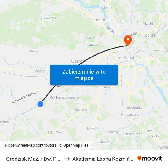 Grodzisk Maz. / Dw. PKP 01 to Akademia Leona Koźmińskiego map