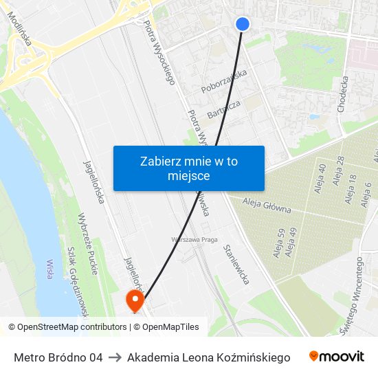 Metro Bródno to Akademia Leona Koźmińskiego map