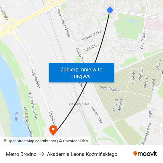 Metro Bródno to Akademia Leona Koźmińskiego map