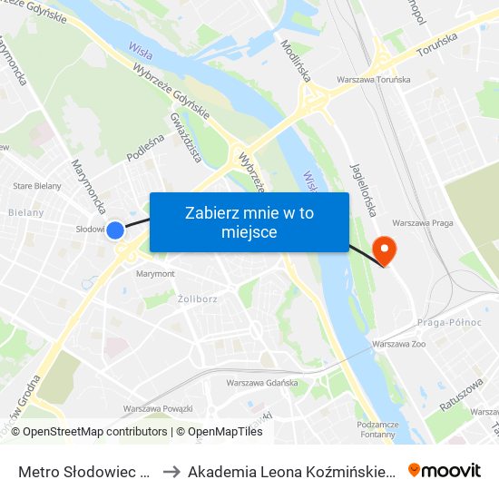 Metro Słodowiec to Akademia Leona Koźmińskiego map