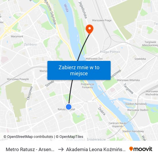 Metro Ratusz - Arsenał 09 to Akademia Leona Koźmińskiego map