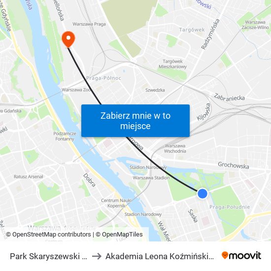 Park Skaryszewski to Akademia Leona Koźmińskiego map