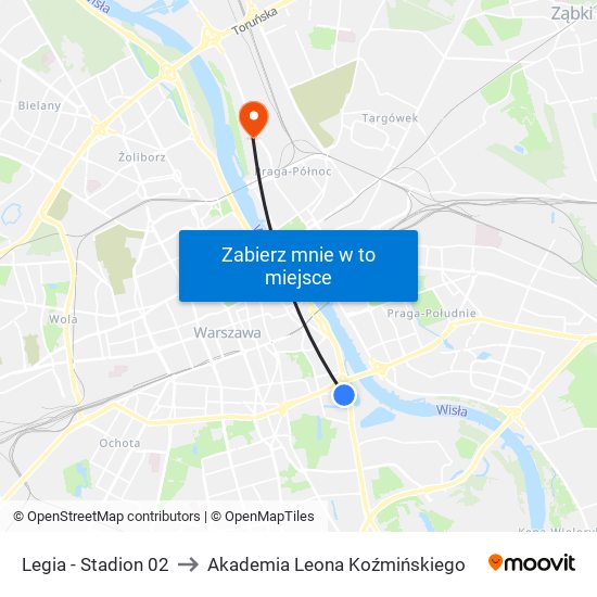 Legia-Stadion to Akademia Leona Koźmińskiego map