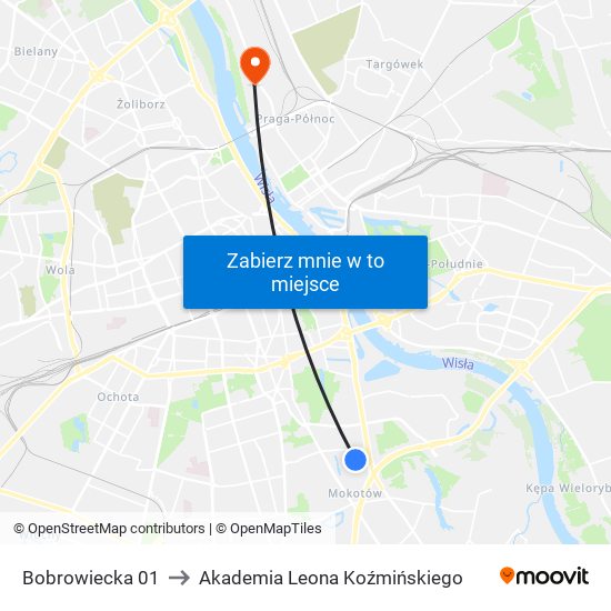 Bobrowiecka 01 to Akademia Leona Koźmińskiego map