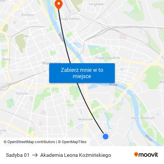 Sadyba 01 to Akademia Leona Koźmińskiego map