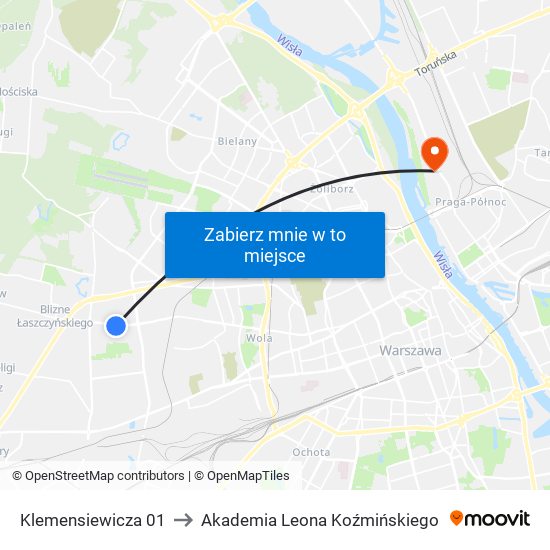 Klemensiewicza 01 to Akademia Leona Koźmińskiego map