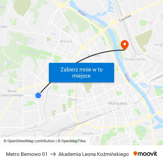 Metro Bemowo 01 to Akademia Leona Koźmińskiego map