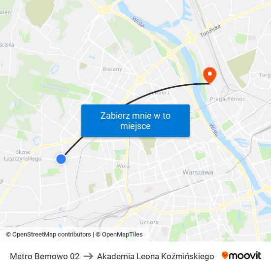 Metro Bemowo to Akademia Leona Koźmińskiego map