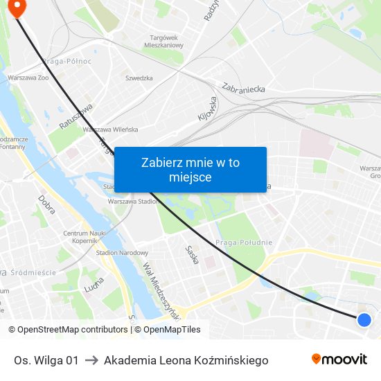 Os. Wilga to Akademia Leona Koźmińskiego map