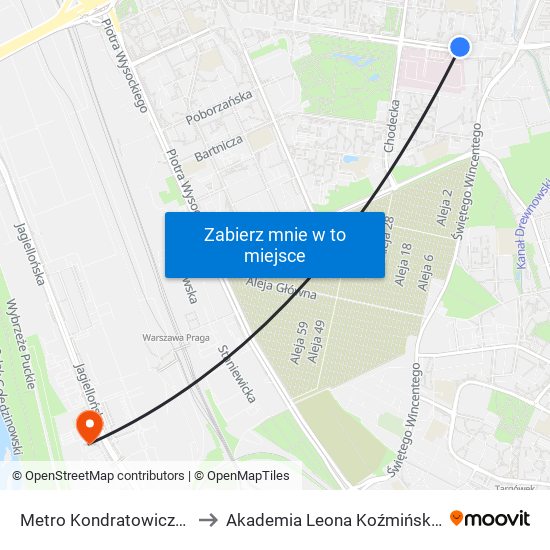 Metro Kondratowicza 01 to Akademia Leona Koźmińskiego map