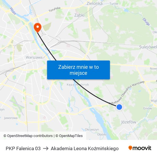 PKP Falenica 03 to Akademia Leona Koźmińskiego map