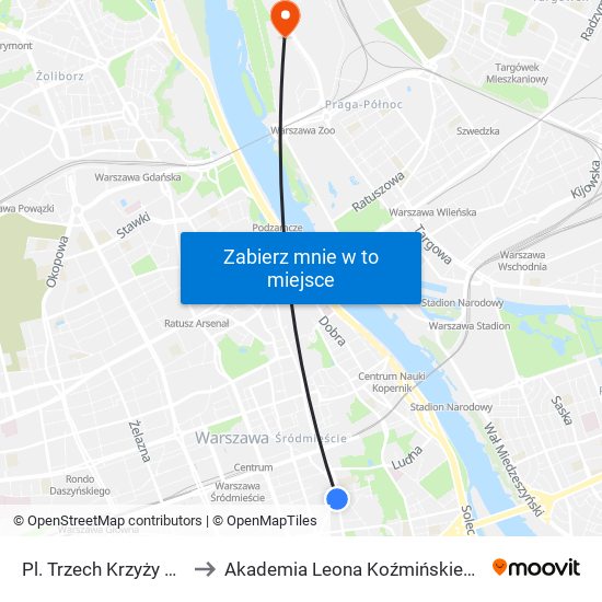 Pl. Trzech Krzyży 01 to Akademia Leona Koźmińskiego map