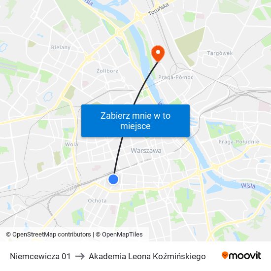 Niemcewicza 01 to Akademia Leona Koźmińskiego map