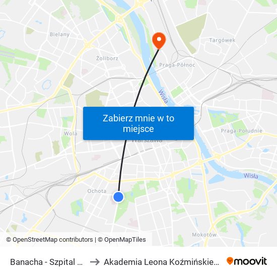 Banacha - Szpital 01 to Akademia Leona Koźmińskiego map