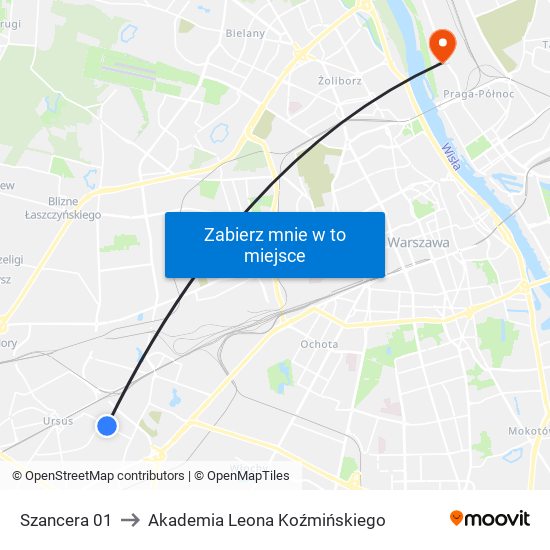 Szancera 01 to Akademia Leona Koźmińskiego map