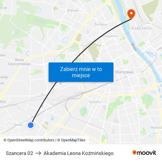 Szancera to Akademia Leona Koźmińskiego map