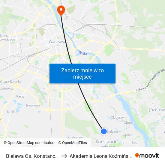 Bielawa Os. Konstancja 01 to Akademia Leona Koźmińskiego map