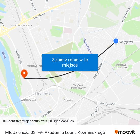 Młodzieńcza 03 to Akademia Leona Koźmińskiego map