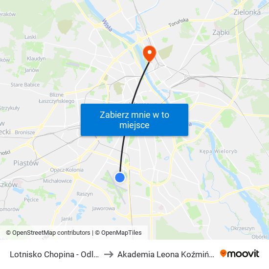 Lotnisko Chopina-Odloty to Akademia Leona Koźmińskiego map