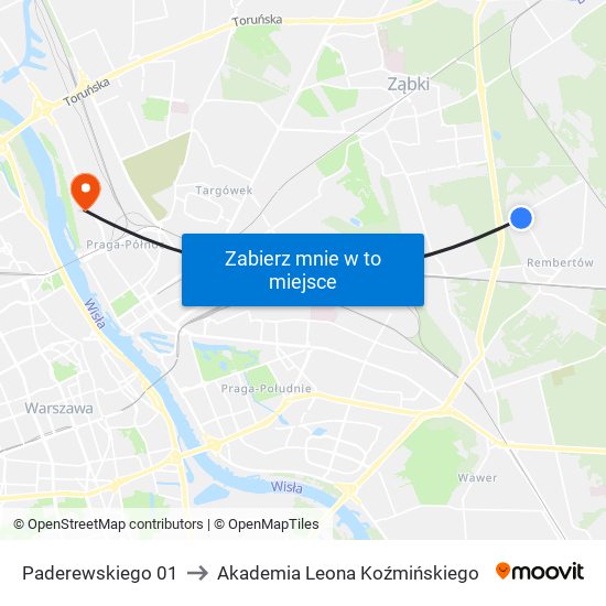 Paderewskiego 01 to Akademia Leona Koźmińskiego map