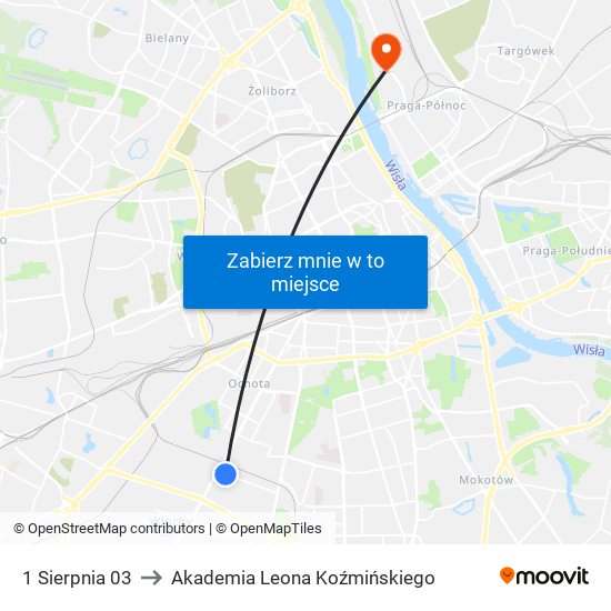 1 Sierpnia to Akademia Leona Koźmińskiego map