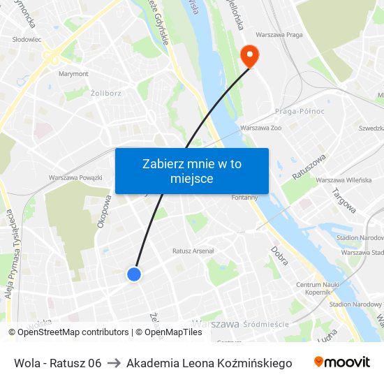 Wola - Ratusz 06 to Akademia Leona Koźmińskiego map