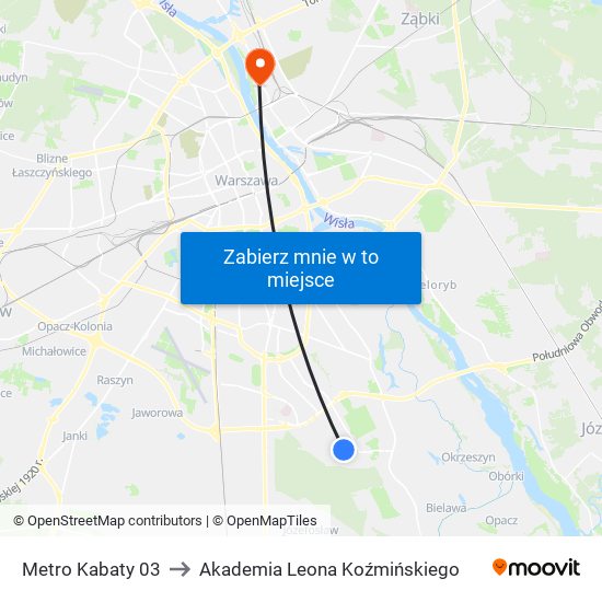 Metro Kabaty 03 to Akademia Leona Koźmińskiego map