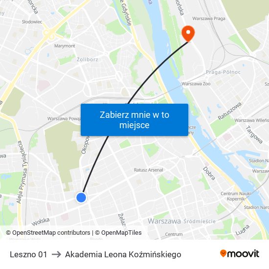 Leszno 01 to Akademia Leona Koźmińskiego map