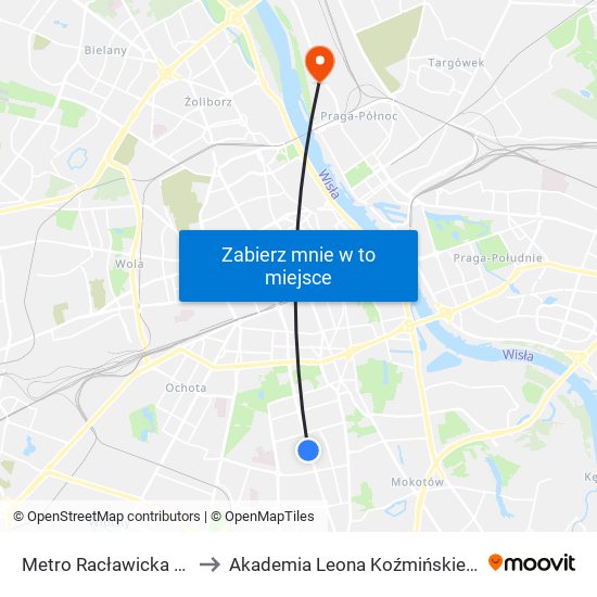 Metro Racławicka 01 to Akademia Leona Koźmińskiego map