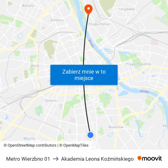 Metro Wierzbno 01 to Akademia Leona Koźmińskiego map