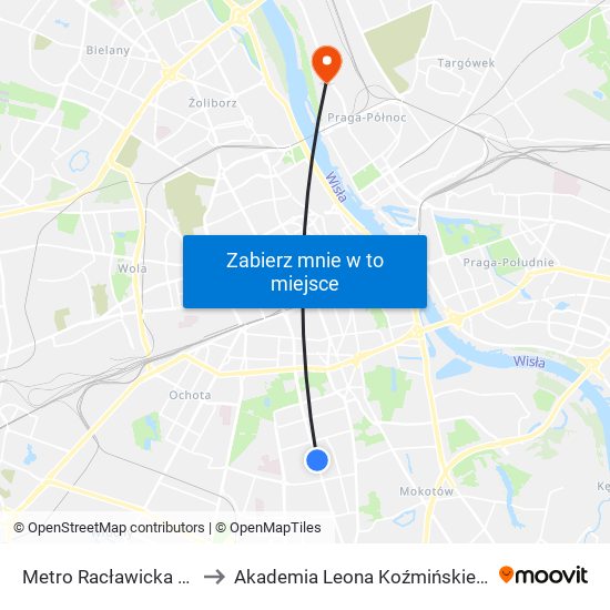 Metro Racławicka to Akademia Leona Koźmińskiego map