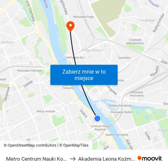 Metro Centrum Nauki Kopernik 02 to Akademia Leona Koźmińskiego map