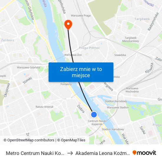 Metro Centrum Nauki Kopernik 01 to Akademia Leona Koźmińskiego map