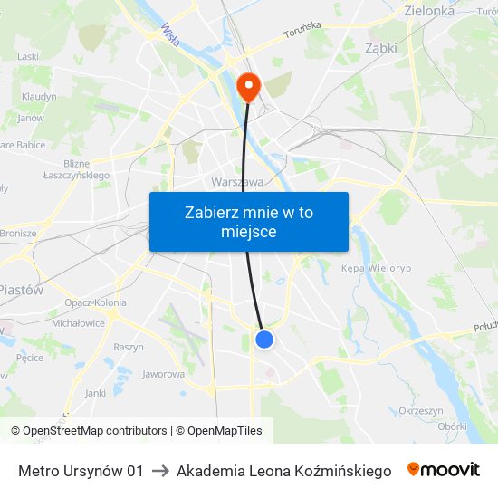 Metro Ursynów 01 to Akademia Leona Koźmińskiego map