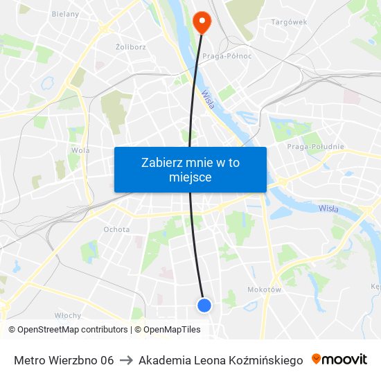 Metro Wierzbno to Akademia Leona Koźmińskiego map