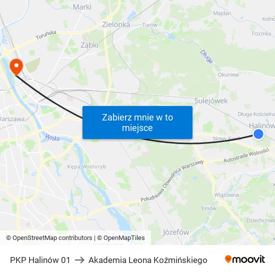 PKP Halinów to Akademia Leona Koźmińskiego map