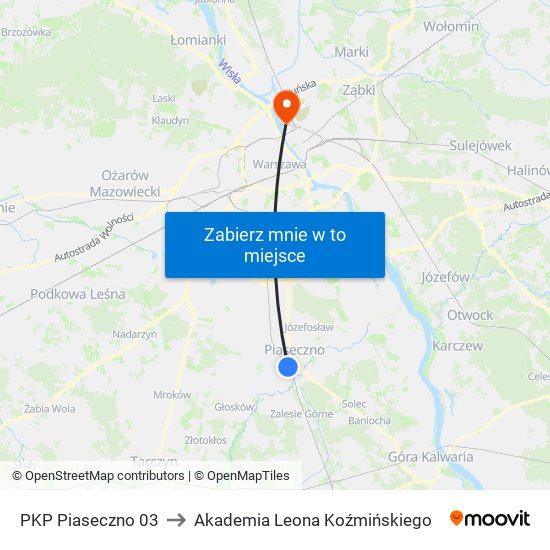 PKP Piaseczno to Akademia Leona Koźmińskiego map