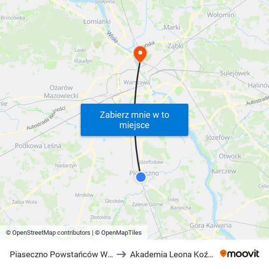 Piaseczno Powstańców Warszawy 02 to Akademia Leona Koźmińskiego map