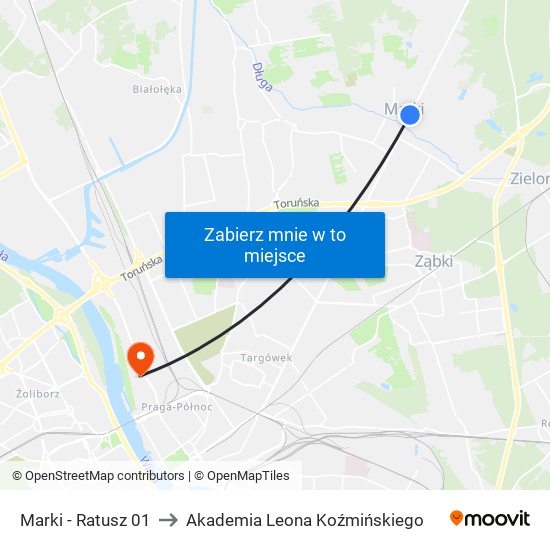 Marki - Ratusz 01 to Akademia Leona Koźmińskiego map