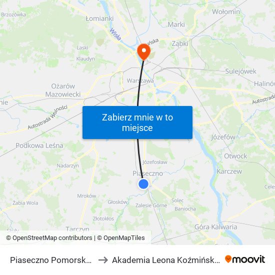 Piaseczno Pomorska 01 to Akademia Leona Koźmińskiego map