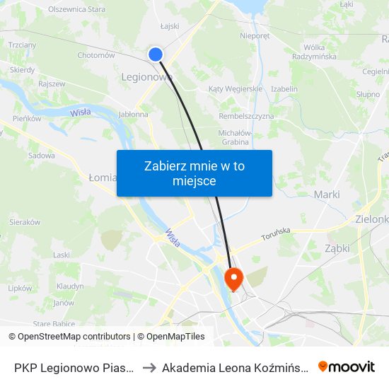 PKP Legionowo Piaski to Akademia Leona Koźmińskiego map